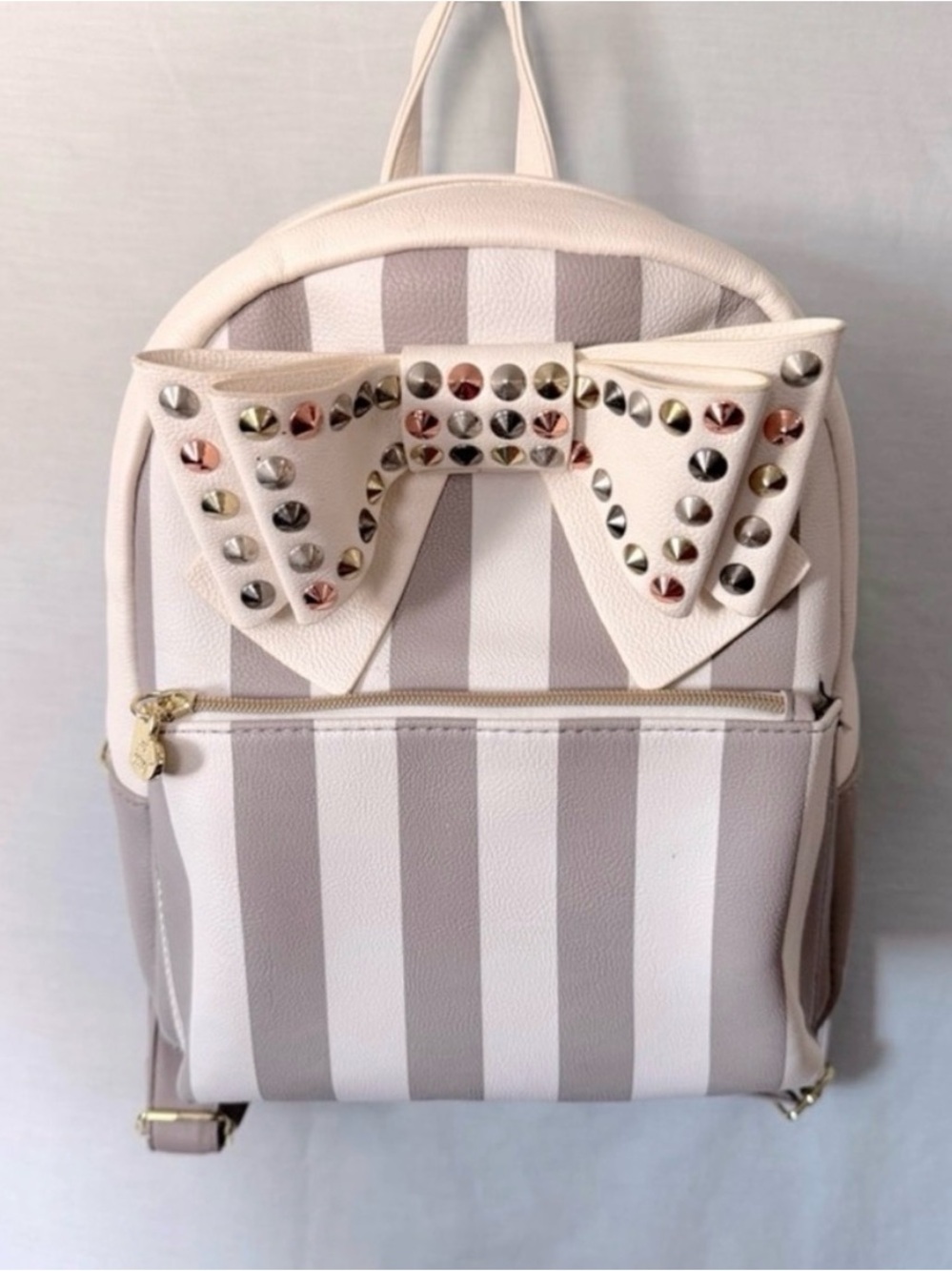 Betsey Johnson Pink and Cream Striped Stud Bow Backpack
